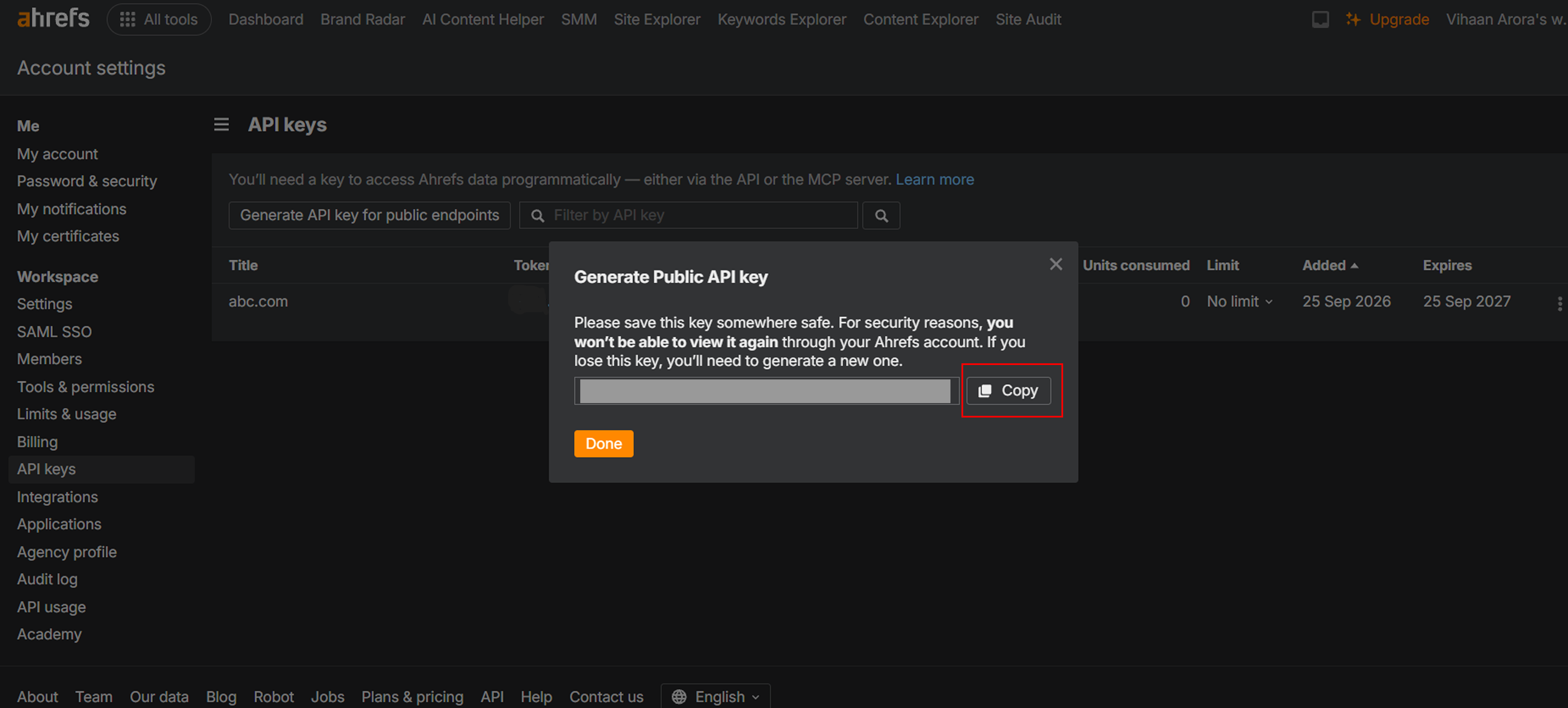 Create Ahrefs API key