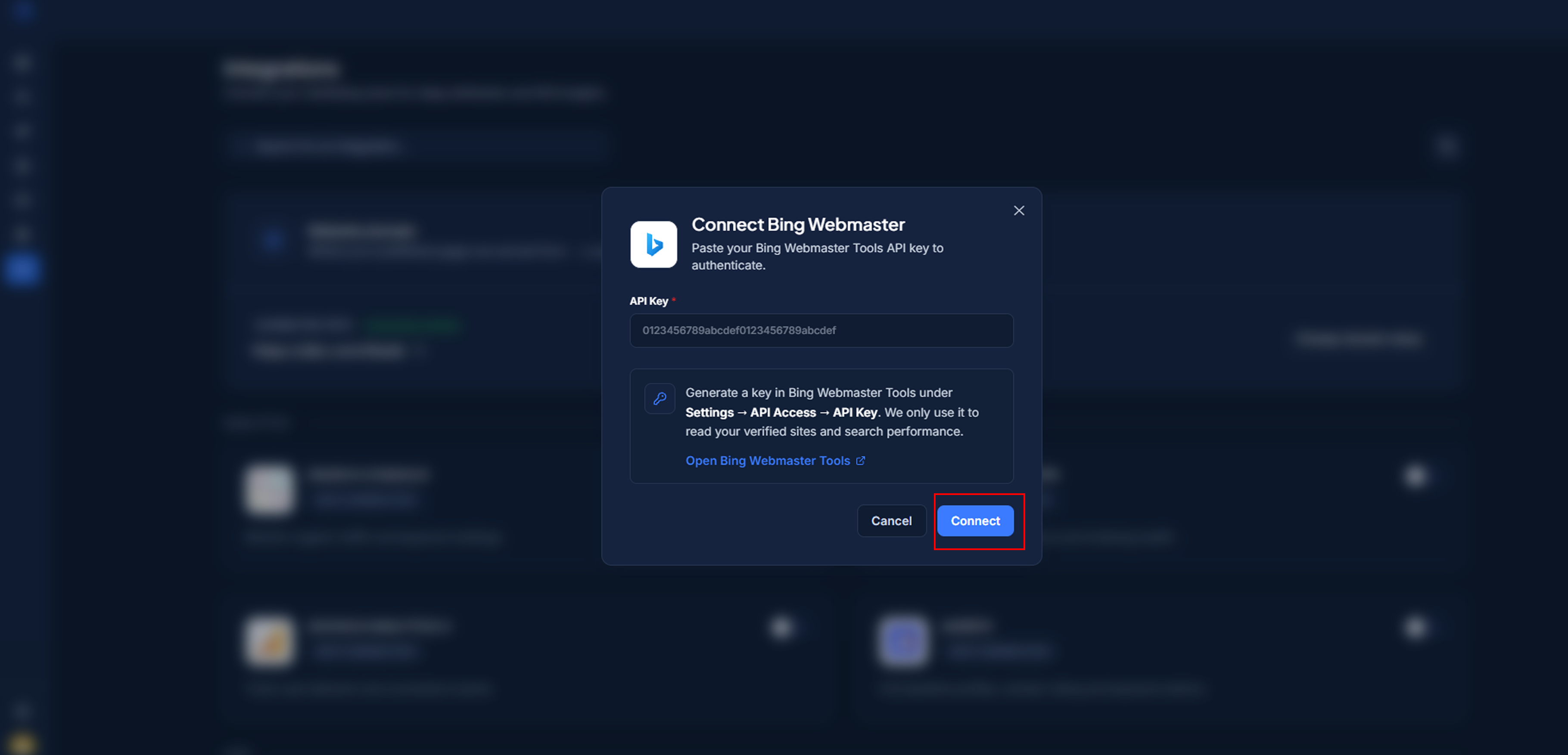 Connect Bing Webmaster form